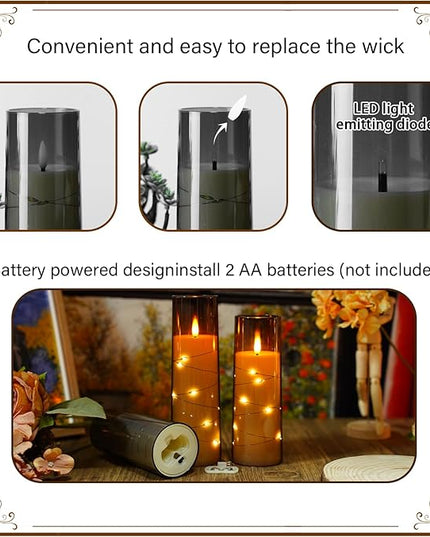 Flickering Flameless LED Candles, 9 Pcs with Embedded Star String, Acrylic LED Pillar Candles with Remote, Suitable for Home Decoration (Grey)