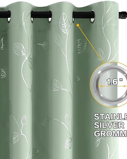 BUHUA Blackout Curtains Pairs 95 Inches Long Room Darkening Curtains with Shinny Silver Leaf Design for Sliding Glass Door 52W×95L Sage Green 1 Pair