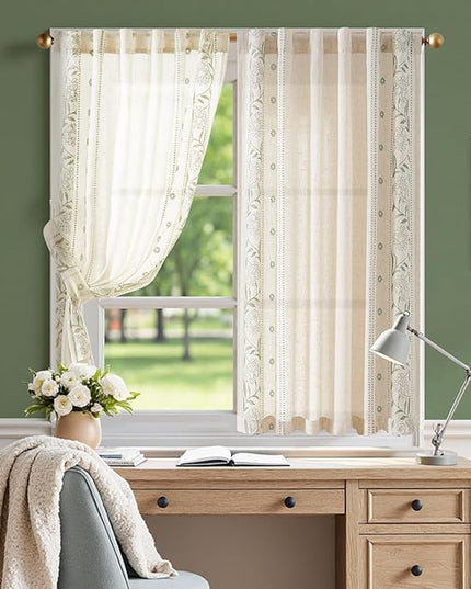 jinchan Winslow Linen Curtains 54 Inch Length Christmas Decorations Farmhouse Small Window Curtains Embroidered Bordered Floral Drapes Light Filtering for Bathroom Kitchen Sage on Beige 2 Panels
