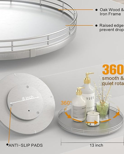13" Silver Lazy Susan for Table Top, Oak Wood Lazy Susan Turntable Organizer for Dining Coffee Table Centerpiece Bar Decor Kitchen Countertop Bathroom Vanity Decorative Tray for Perfume Jewelry Round