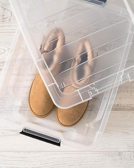 IRIS USA 32 Qt Stackable Plastic Storage Bins with Lids, 4 Pack - BPA-Free, Made in USA - See-Through Organizing Solution, Latches, Durable Nestable Containers, Secure Pull Handle - Clear