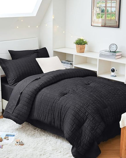 HYMOKEGE Black Twin XL Comforter Set Seersucker 5 Pieces, All Season Luxury Bed in a Bag for Bedroom, Bedding Set with Comforters, Sheets, Pillowcase & Sham