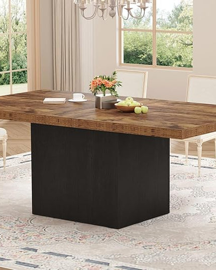 HSH Dining Table for 6 to 8, 71” Wood Rectangular Dinner Table, 6 ft Industrial Kitchen Table only with Black Pedestal, Modern Large Dining Room Table for Home Gathering Office, Rustic Brown, 71 Inch