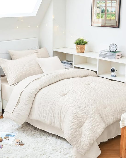 HYMOKEGE Ivory Twin XL Comforter Set Seersucker 5 Pieces, All Season Luxury Bed in a Bag for Bedroom, Bedding Set with Comforter, Sheets, Pillowcase & Sham