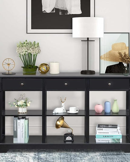 Karl home Console Table with 3 Drawers, 58" W Entryway Desk Sofa Side Table with 6 Bottom Cube Storage Shelves, Vintage TV Stand for Hallway Living Room Office, Black 32.5" H