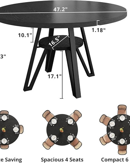 LIKIMIO Round Dining Table for 4, 47.2” Wooden Kitchen Table with Rattan Storage Shelf, Space-Saving for Modern Dining Room, Living Room, Black