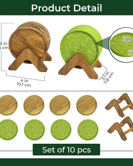 Acacia Wood Coasters Set of 8 with Holders, 4 Acacia Wood & 4 Absorbent Felt Pads, 3.6 Inches Fit Coffee Table, Home, Office, Bar, Offers Tabletop Protection, Stylish Decor and Ideal Gift