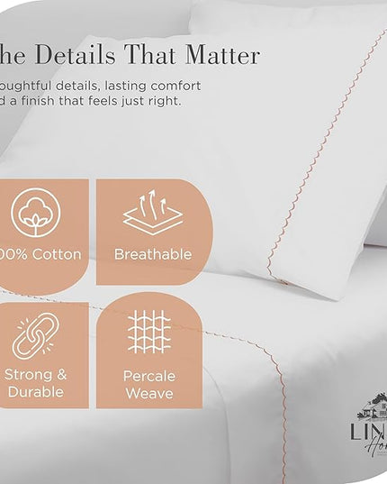 Linen Home 100% Cotton Percale Moon Scallop Hem Pillowcases King Size, Peach, 2 Pieces of Pillow Case, Crisp and Cool Strong Bed Linen, 20 inches X 40 inches