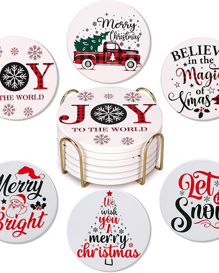6 Pcs Ceramic Christmas Coasters with Holder Best Absorbent Drink Coasters Set Cute Xmas Holiday Coaster Set Coffee Table Decor Funny Christmas Decoration Housewarming Gift Festive Cup Coasters