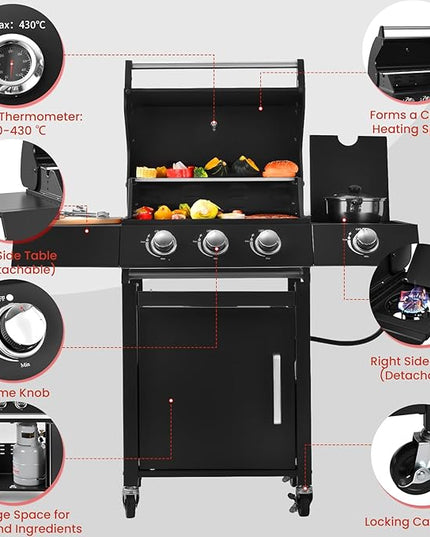 Q042-3-Burner w/Side Burner Gas Grill with 241 SQ.IN. Outdoor Grill with 36,000 BTU,Propane Grills with Top Cover Lid,Grills Outdoor Cooking for Patios,Balcony,Camping,Garden
