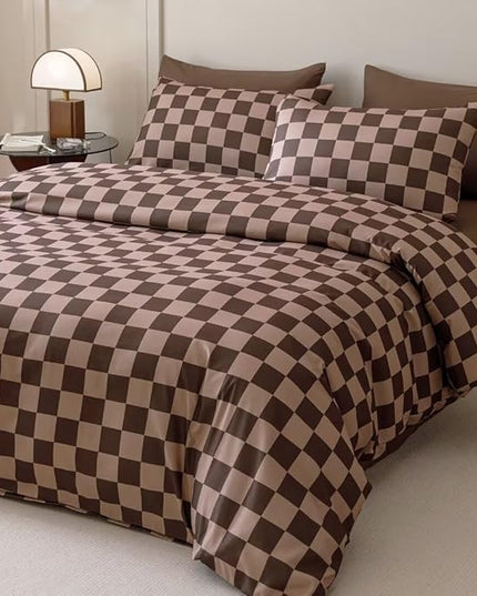 CLOTHKNOW Brown Plaid Comforter Sets Twin/Twin XL 3Pcs Grid Bedding Comforter Sets Dark Brown Checker Comforter Checkered Bedding Sets