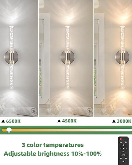 Modern LED Battery Operated Wall Sconces Set of Two, Dimmable Bathroom Crystal Wall Sconce, USB Rechargeable Brushed Nickel Vanity Wall Lamp, Bubble Wall Lights For Bedroom, Living Room. 20-Inch