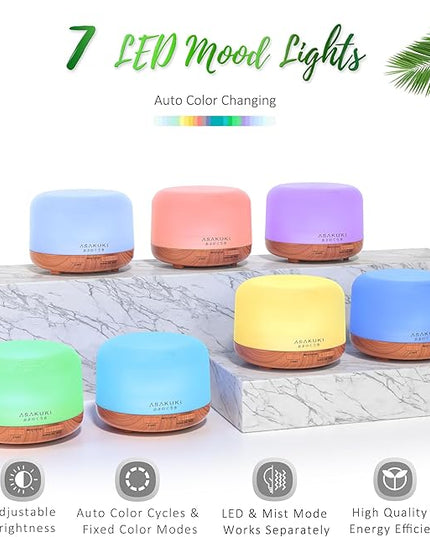 ASAKUKI Oil Diffuser with Essential Oils Set, 500ml Aromatherapy Humidifier with 14 LED Colors & Auto Shut-Off - 6 Oil Gift Pack(Lavender Eucalyptus Tea Tree Orange Peppermint Lemongrass)