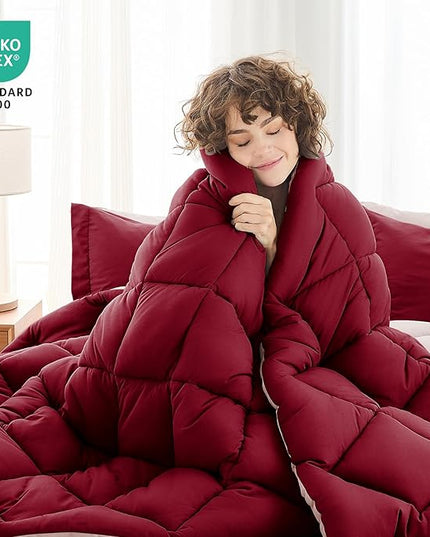 MUXHOMO 7 Pieces California King Comforter Set, Reversible Bed in a Bag Cal King Size, All Season Bedding Set with Comforter, Flat Sheet, Fitted Sheet, Pillowcases & Shams, Burgundy & Rose Gold