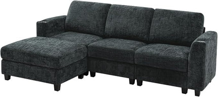 87" Chenille Sectional Sofa with Movable Ottomans, Modular L-Shape Couch with Cup Holders, Convertible 3 Seater Sofa with Well-Filled Backrest Cushions for Living Room, House, Grey