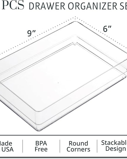 STORi SimpleSort 3-Piece Stackable Clear Drawer Organizer Set | 9" x 6" x 2" Rectangle Trays | Wide Makeup Vanity Storage Bins and Office Desk Drawer Dividers | Made in USA