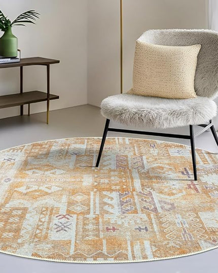 GLN Rugs Bohemian Collection - Machine Washable Area Rug, Bohemian Vintage, Non Slip, Low Pile Chenille Rug, Living Room, Bedroom, Bathroom Rug (5'3" Round Yellow)