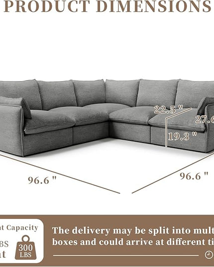 Waterproof Cloud Sectional Sofa for Living Room,High Backrest Down Filled Couch,5 Seater Oversized Modular V-Shaped Couches,Detachable Couch Covers,Dark Grey