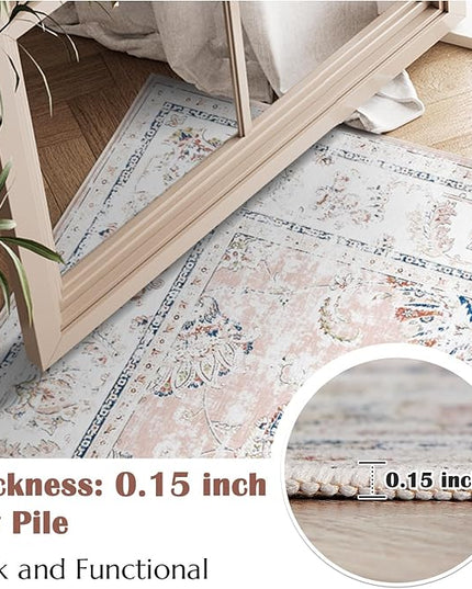 jinchan Fiora 8x10 Area Rugs for Living Room - Machine Washable Vintage Floral Distressed Design Stain Resistant Boho Carpet Low Pile Non-Slip Rug for Bedroom Dining Room Home Office (8‘x10', Pink)