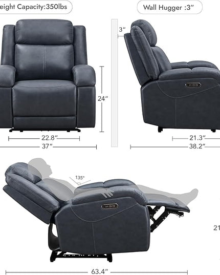 Watson & Whitely Genuine Leather Power Recliner Chairs for Adults, Wall Hugger RV Recliner with Power Headrest & Charging Ports, Electric Recliner Sofa Chair for Living Room, Navy
