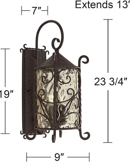 John Timberland Casa Seville Rustic Outdoor Wall Light Fixture Lantern Dark Walnut Iron Scroll 23 3/4" Hammered Glass Decor for Exterior House Porch Patio Outside Deck Garage Front Door Home