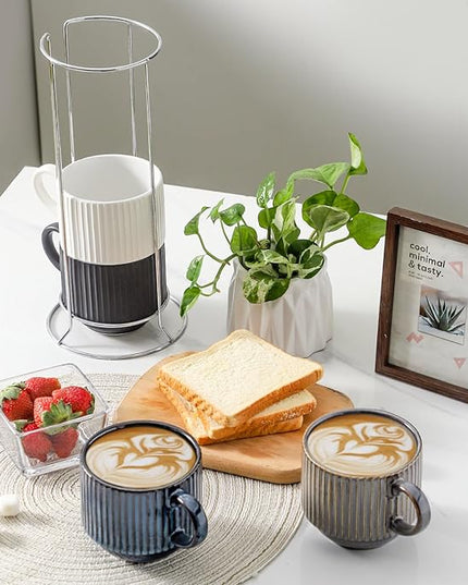 HASENSE Coffee Cups Set of 4 with Stand, 15 OZ Stackable Coffee Mugs with Handle for Tea, Cocoa, Cappuccino, Latte and Americano, Porcelain Vertical Stripe Coffee Cups for Men and Women, Colorful
