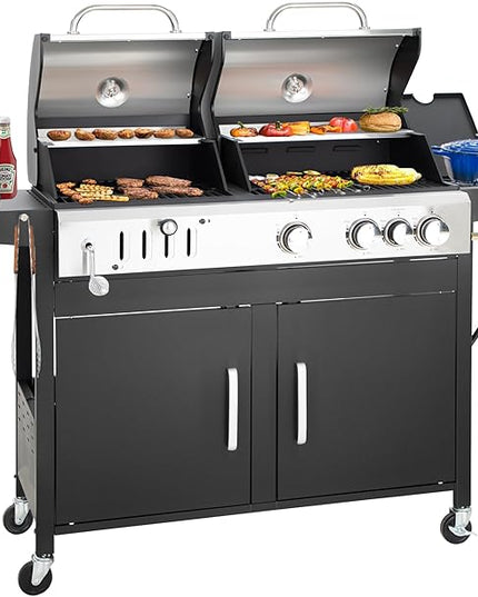 3 Burner Propane Gas and Charcoal Grill Combo with Side Burner & Porcelain-Enameled Cast Iron Grates, 37,000 BTUs 685 SQIN Dual Fuel Outdoor BBQ Grill for Patio Garden Picnic Backyard Barbecue Cooking