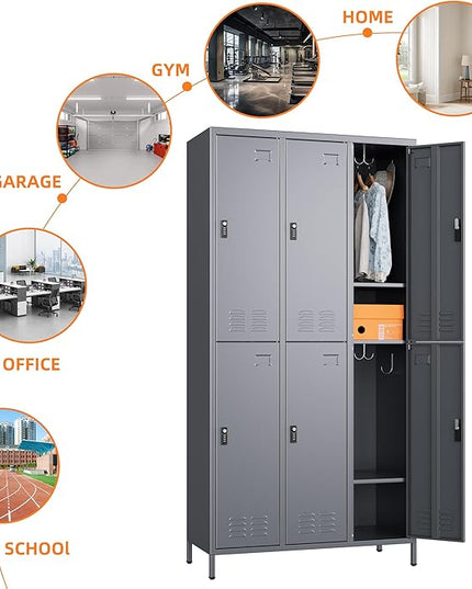 Aobabo Combination Lock Metal Storage Locker for Employees, 6 Doors Lockable Storage Locker with 18 Hooks for Office Gym School, Dark Grey, Assembly Required