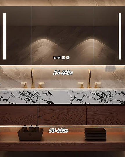 62IN Solid Wood Bathroom Cabinet, Bathroom Vanity with Double Sinks | One Click Defogging & 2 LED Light Strips, Tissue Hole, Bathroom Storage Cabinets with 3 Drawers (Reddish Brown)