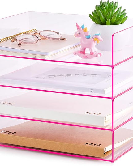 Harloon 4 Tier Acrylic Paper Tray 12.4 x 8.7 x 2.7 Inches Stackable Letter Clear Organizer No Need to Assemble Acrylic Paper Organizer File Tray for Office Workspace Desktop Storage(Transparent Pink)