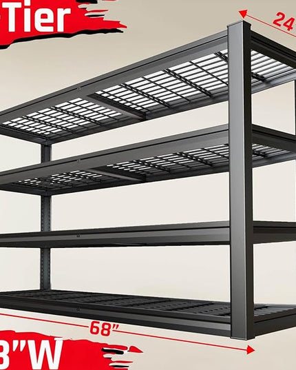68" Wide Heavy Duty Garage Shelving Units, 4-Tier Deep Storage Shelves,Black Metal Garage Shelves,Steel Shelf,Large Storage Rack,Industrial Shelving for Shop, 68" W x 24" D x 68" H,2 Pack