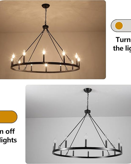 Black Wagon Wheel Chandelier 38 inch,12-Light Farmhouse Wagon Wheel Chandeliers Round Industrial Ceiling Rustic Country Light fixtures for Outdoor Porch high Ceilings Living Dining Room Foyer Entryway