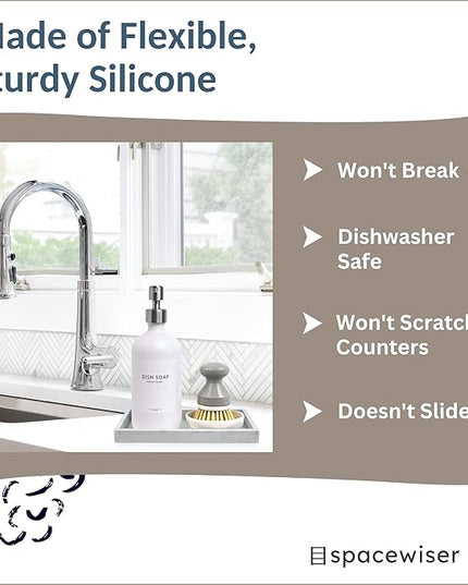 Countertop and Vanity Tray - Small 7.7” Silicone Tray for Soap Dispenser Bottles, Sponge Holder for Kitchen Sink Caddy Organizer, Bathroom Trays, Dish Soap Holder for Kitchen Counter, Keys