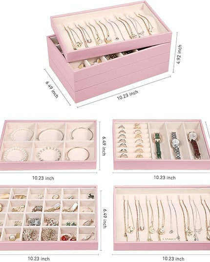 LANDICI Stackable Jewelry Organizer Trays 4 Set,PU Leather Jewelry Organizer Drawer,Jewelry Storage Display Tray for Earring Necklace Rings Bracelet with Removable Dividers,Rose Gold