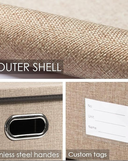 PRANDOM Storage Bins with Lids [3-Pack] Jute Fabric Foldable Storage Boxes Organizer Containers Baskets Cube with Cover for Home Bedroom Closet Office Nursery khaki（11.4X8.6X6.7