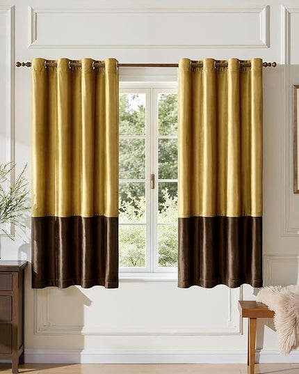 BULBUL Color Block Window Curtains Panels 72 inches Long Gold Brown Velvet Farmhouse Drapes for Bedroom Living Room Darkening Treatment with Grommet Set of 2