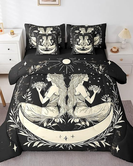 Feelyou 7 Piece Sun and Moon Bed in a Bag Full for Boys Kids Rustic Garden Sheet Set,Constellation Galaxy for Girls Women Gemini Galaxy Bedding Set with Comforter Boho Mandala Cushion Covers