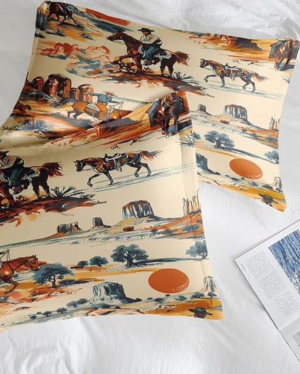 Comforter Set Twin Size, Vintage Western Cowboy Soft 2 Pcs Bedding for Kids and Adults West Horse Desert Comforter Set with Pillowcase for Bedroom Bed Decor