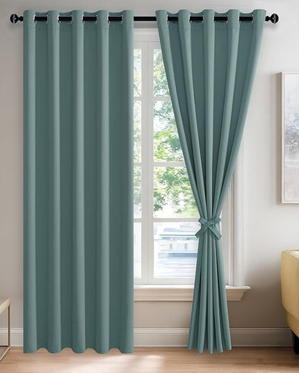 JIUZHEN Stone Blue Blackout Curtains with Tiebacks Thermal Insulated, Light Blocking and Noise Reducing Grommet Curtains for and Living Room, Set of 2 Window Curtain Panels, 60 x 84 Inch Length