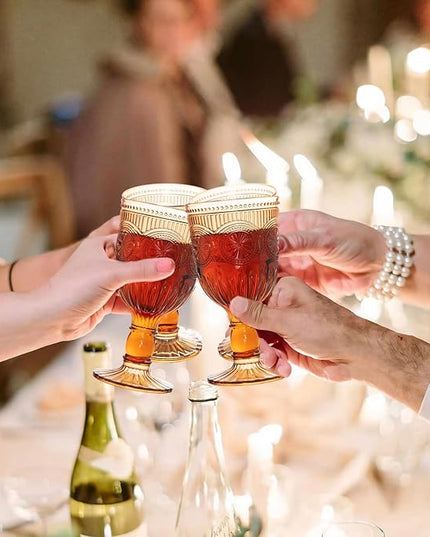 48 Pack Vintage Wine Glasses, Plastic Reusable 12 Ounce Colored Water Goblets, Unique Flower Embossed Pattern Unbreakable Stemmed Wine Glasses High Clear Wedding Party Bar Drinking Cups Amber