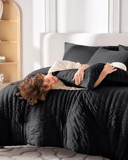 MUXHOMO 7 Pieces King Comforter Set, Seersucker Bed in a Bag King Size, All Season Luxury Bedding Set with Comforter, Flat Sheet, Fitted Sheet, Pillowcases & Shams, Black