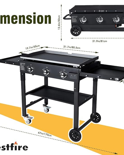 BESTFIRE Foldable Flat Top Grill, Outdoor Griddle-3 Burner Propane Griddle with Two Foldable Shelves,36" Flat Grills Outdoor-45,000 BTU Gas Grill for BBQ& Outdoor Cooking,Black