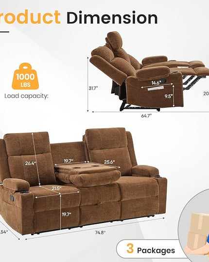 Reclining Sofa Couch,Loveseat Recliner Sofa with Drop Down Table/ 4 Cup Holder/Hidden Storage, Wall Hugger Recliner Sofa for Living Room & Home Theater & RV(Brown)