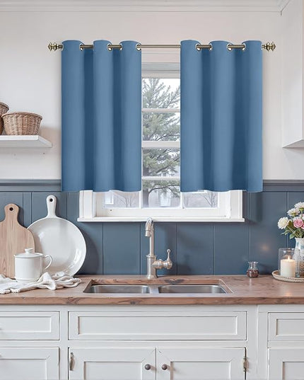 YoungsTex Denim Blue Blackout Kitchen Curtains 36 Inch Length - Short Thermal Insulated Drapes with Grommet Room Darkening for Bathroom Small Window, 2 Panels, 42 x 36 Inch