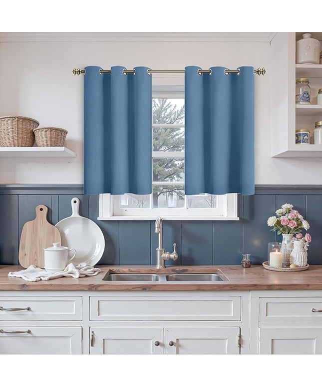 YoungsTex Denim Blue Blackout Kitchen Curtains 36 Inch Length - Short Thermal Insulated Drapes with Grommet Room Darkening for Bathroom Small Window, 2 Panels, 42 x 36 Inch