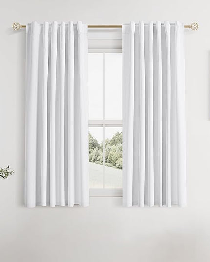 Guken 100% Blackout Linen Curtains 40 Inch Wide by 54 Inch 2 Panels Set for Living Room Bedroom Back Tab Thermal Insulated Black Out Linen Drapes Room Darkening Window Curtains, Pure White