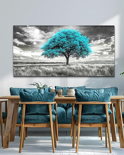 KELIYUAN Blue Tree Wall Artist Decorated Painting Full Of Stars Black And White Oil Painting Modern Print Canvas Aesthetics Living Room Decoration Bedroom Bathroom Office Wall Decoration 24 X 48 In