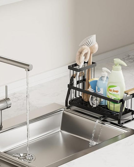 Sink Caddy Organizer with Wooden Handle & Self-Draining Tray, Trapezoid Kitchen Sponge Holder with Non-Slip Suction Cups , Organizer for Sponge, Brush, Soap Dispenser for Sink and Bathroom Countertop