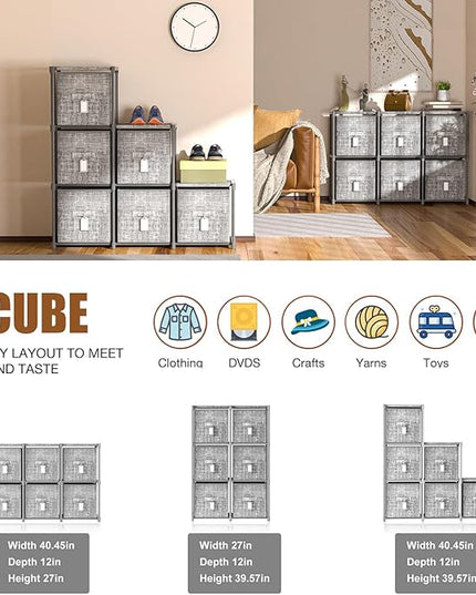 Cube Storage Organizer Shelf with 6 Printed Bins + Labels, Cubby Storage Organizer with Bins, Large Capacity Shelves for Storage,Closet, Living Room, Dorm, Yarn