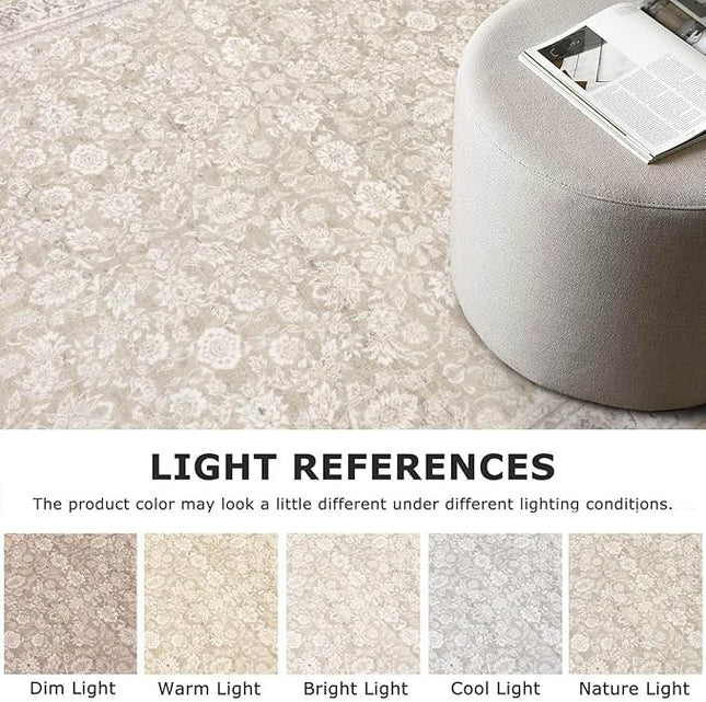 3' Round Rug Washable Rug for Entryway, Cream Beige White Grey Soft Non-Slip Area Rugs Distressed Floral Low-Pile Carpet, Neutral Vintage Circle Rugs for Living Room Dining Bedroom Foyer